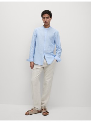 Marks & Spencer Keten Karışımlı Çizgili Grandad Yaka Gömlek