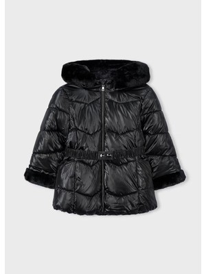 Mayoral Kız Çocuk Kürk Süslemeli Kapüşonlu Kemerli Parlak Uzun Mont 4448 Siyah