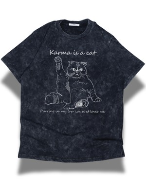 Unisex Karma Is A Cat Baskılı Yıkamalı Tişört, Oversize Taylor Swift Baskılı Eskitme T-Shirt