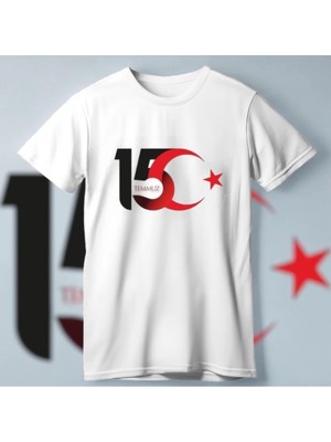 15 Temmuza Özel Tasarım Ay Yıldız Baskılı Tshirt  Beyaz
