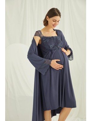 Monamise Dantelli Önü Düğmeli Hamile Lohusa Sabahlık Takımı