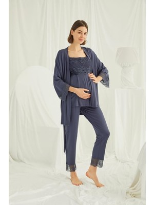 Monamise Dantelli Önü Düğmeli Hamile Lohusa 3'lü Pijama Takımı