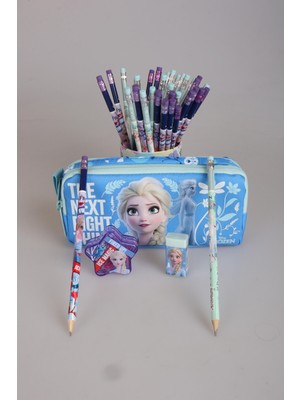 DEKOMUS LİSANSLI FROZEN ELSA KALEM ÇANTASI,2 ADET SİLGİLİ KURŞUN KALEM , YILDIZ KALEMTRAŞ VE SİLGİ KIRTASİYE OKUL SETİ