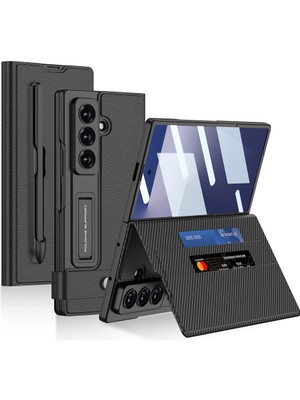 Nova Global Galaxy Z Fold 7 Suni Deri Tasarımlı Kalem Bölmeli Zore Kıpta Kartlıklı Standlı Kapak