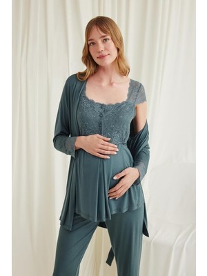Monamise Dantelli Önü Düğmeli Hamile Lohusa 3'lü Pijama Takımı