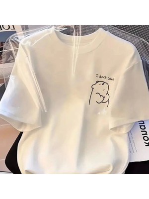 Baskılı Oversize Bisiklet Yaka Tshirt  Beyaz