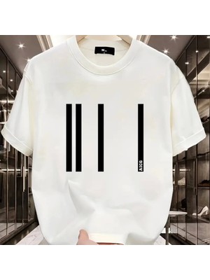 Baskılı Oversize Bisiklet Yaka Tshirt  Beyaz