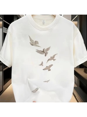 Baskılı Oversize Bisiklet Yaka Tshirt  Beyaz