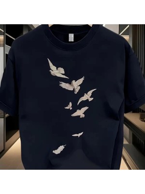 Baskılı Oversize Bisiklet Yaka Tshirt  Beyaz