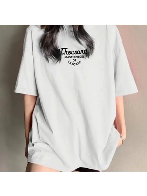 Thousand Baskılı Oversize Bisiklet Yaka Tshirt  Beyaz