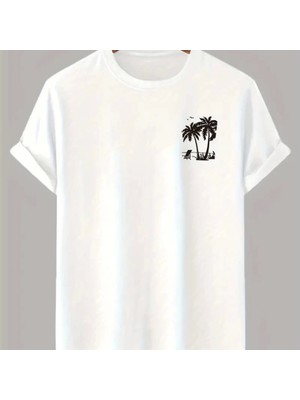 Baskılı Oversize Bisiklet Yaka Tshirt  Beyaz