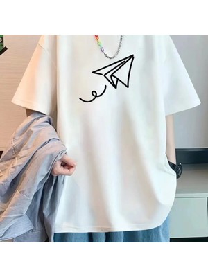 Baskılı Oversize Bisiklet Yaka Tshirt  Beyaz