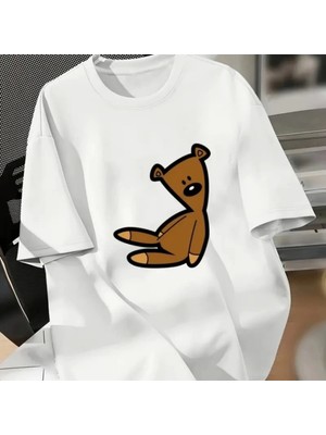 Baskılı Oversize Bisiklet Yaka Tshirt  Beyaz