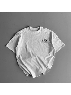 Baskılı Oversize Bisiklet Yaka Tshirt  Beyaz
