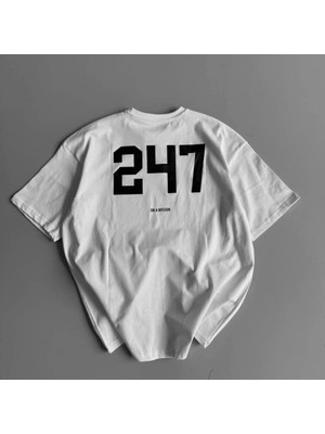 Baskılı Oversize Bisiklet Yaka Tshirt  Beyaz