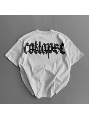 Baskılı Oversize Bisiklet Yaka Tshirt  Beyaz