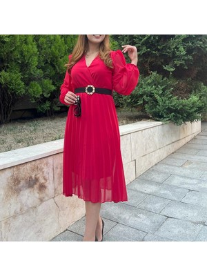 Kadın Şifon Kumaş Astalı Kloş Kesim Kruvaze Yaka Idi Boy Elbise