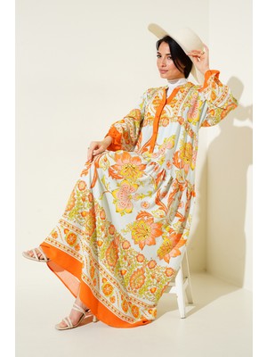 Hiccup Kadınlar BDART Desenli V Yaka Maxi Elbise Parlak Turuncu