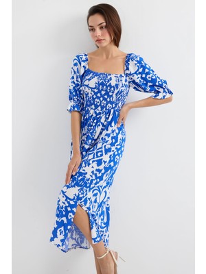 Hiccup Kadınlar BDART Kare Yaka ve Yırtmaçlı Çiçekli Midi Elbise Fas Mavisi