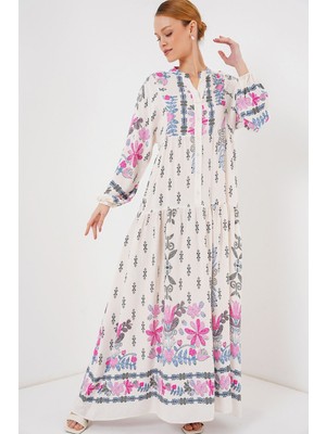 Hiccup Kadınlar BDART Düğmeli V Yaka Desenli Maxi Elbise Karanfil Pembesi