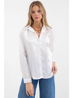 Hiccup Kadın BDART Saten Uzun Kollu Düğmeli Gömlek Beyaz