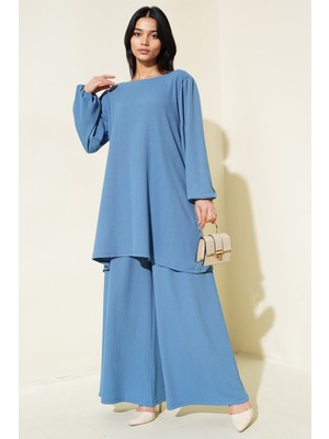 Hiccup Kadın BDART Dokulu Uzun Kollu Tunik ve Geniş Paça Pantolon Seti Fas Mavisi