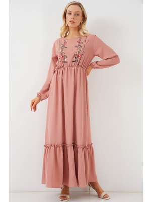 Hiccup Kadın BDART Nakışlı Kısa Kollu Maxi Elbise Toz Pembe