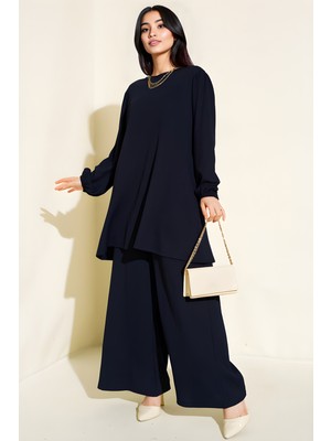 Hiccup Kadın BDART Dokulu Uzun Kollu Tunik ve Geniş Paça Pantolon Seti Lacivert