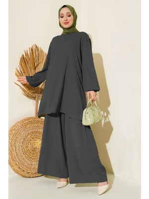 Hiccup Kadın BDART Dokulu Uzun Kollu Tunik ve Geniş Paça Pantolon Seti Kömür Grisi