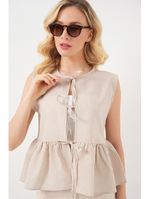 Hiccup Kadın BDART Bağcıklı Çizgili Dokulu Bluz Bej Doğal