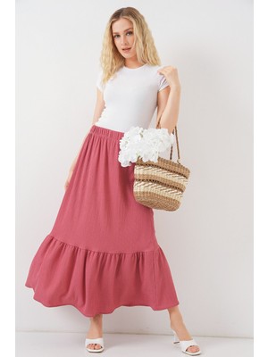 Hiccup Kadın BDART Esnek Bel ile Dokulu Uzun Triko Etek Tozlu Gül Pembesi