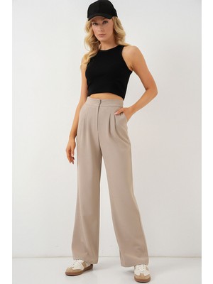 Hiccup Kadınlar BDART Yüksek Bel Plise Palazzo Pantolon Bej Doğal