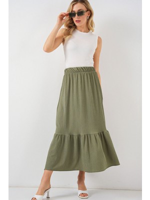 Hiccup Kadın BDART Esnek Bel ile Dokulu Uzun Triko Etek Haki Yeşil