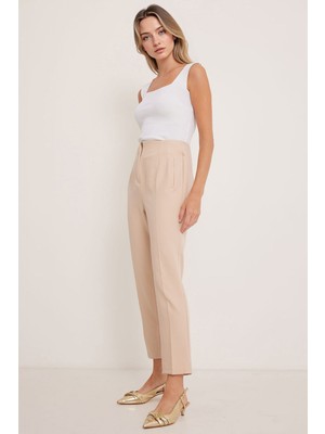 Hiccup Kadınlar BDART Yüksek Bel Slim Fit Bilek Boy Krep Pantolon Bej Doğal