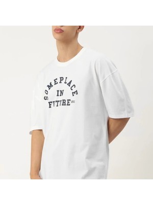Erkek Baskılı Oversize Tshirt  Beyaz