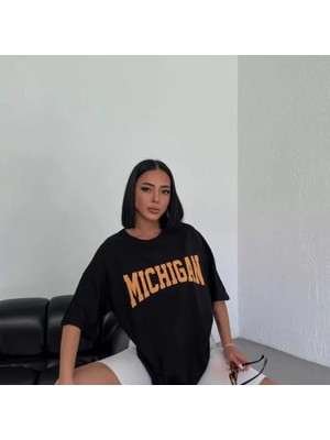 Unisex Bisiklet Yaka Baskılı Oversize Thirt  Beyaz