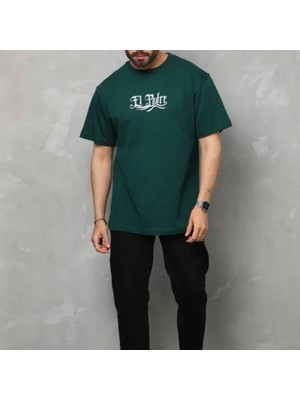 Unisex Bisiklet Yaka Baskılı Oversize Thirt  Yeşil