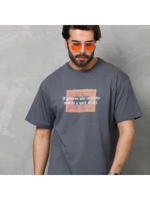 Unisex Bisiklet Yaka Baskılı Oversize Thirt  Füme