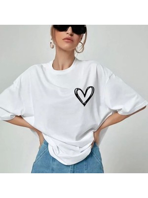 Unisex Baskılı Oversize Thirt  Beyaz