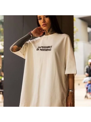Unisex Bisiklet Yaka Baskılı Oversize Thirt  Beyaz