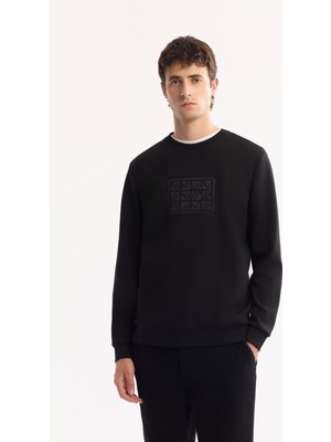 AVVA Erkek Siyah Bisiklet Yaka Pamuklu Bi-Stretch Baskılı Regular Fit Sweatshirt A52Y1289