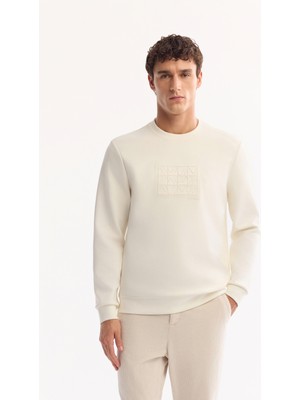 AVVA Erkek Ekru Bisiklet Yaka Pamuklu Bi-Stretch Baskılı Regular Fit Sweatshirt A52Y1289