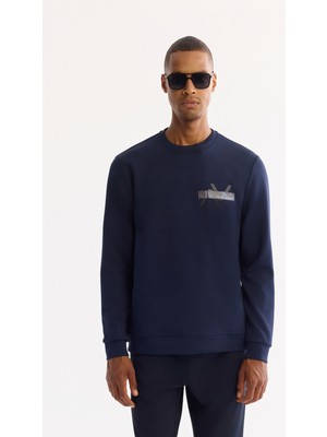 AVVA Erkek Lacivert Bisiklet Yaka Pamuklu Bi-Stretch Baskılı Regular Fit Sweatshirt A52Y1260