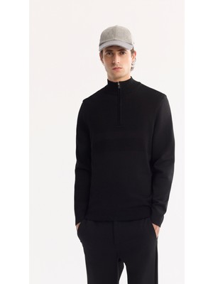 AVVA Erkek Siyah Dik Yaka Fermuarlı Rayon Tüylenmeyen Triko Regular Fit Kazak A52Y5021