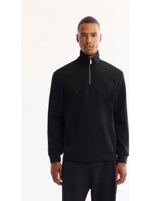 Avva Erkek Siyah Dik Yaka Fermuarlı Soft Touch Baskılı Regular Fit Sweatshirt A52Y1281