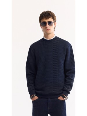 Avva Erkek Lacivert Bisiklet Yaka Dokulu Elastan Regular Fit Sweatshirt A52Y1220