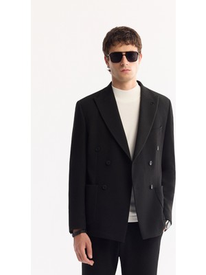 AVVA Erkek Siyah Kruvaze Bi-Stretch Hafif Dokulu Blazer Comfort Slim Fit Ceket A52Y4018