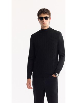 Avva Erkek Siyah Balıkçı Yaka Yün Karışımlı Dokulu Triko Regular Fit Kazak A52Y5023