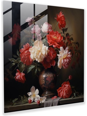 Popcas Klasik Çiçekler Cam Tablo - Çiçekler Vazo Içinde Klasik Natürmort Modern Sanat