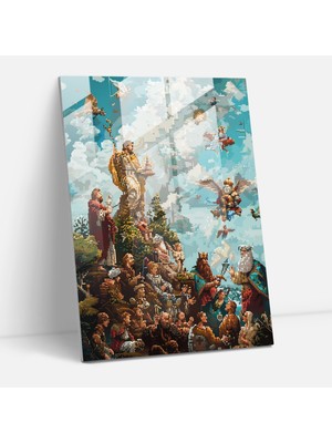 Popcas Pop Art ile Klasik Eserlerin Buluşması - Klasik Eserler ve Pop Art Cam Tablo Kutsal Kitap Sahnesi Pikselleştirilmiş